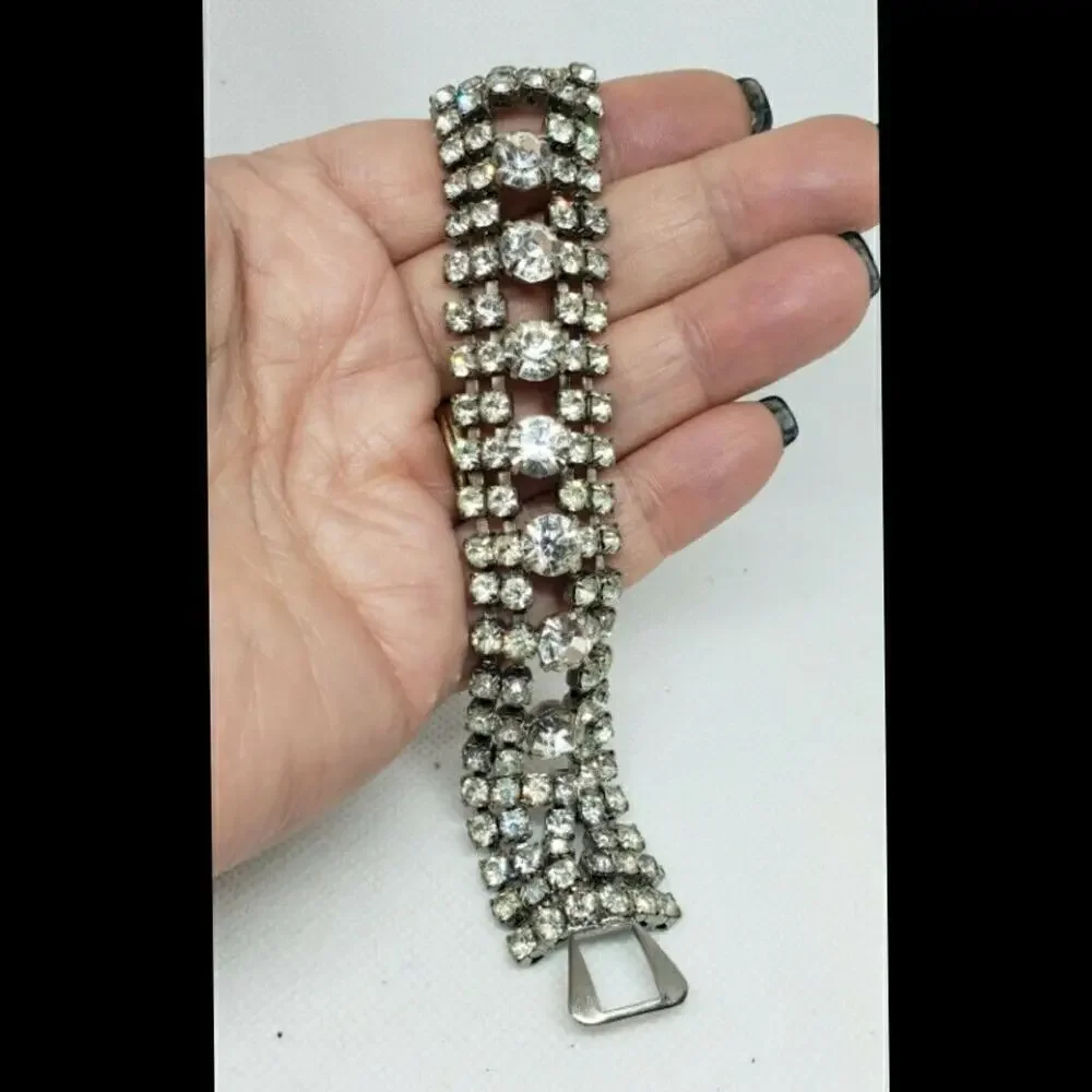 Vintage Bracelet Clear Rhinestone Chunky Wide Wedding Jewelry Juliana